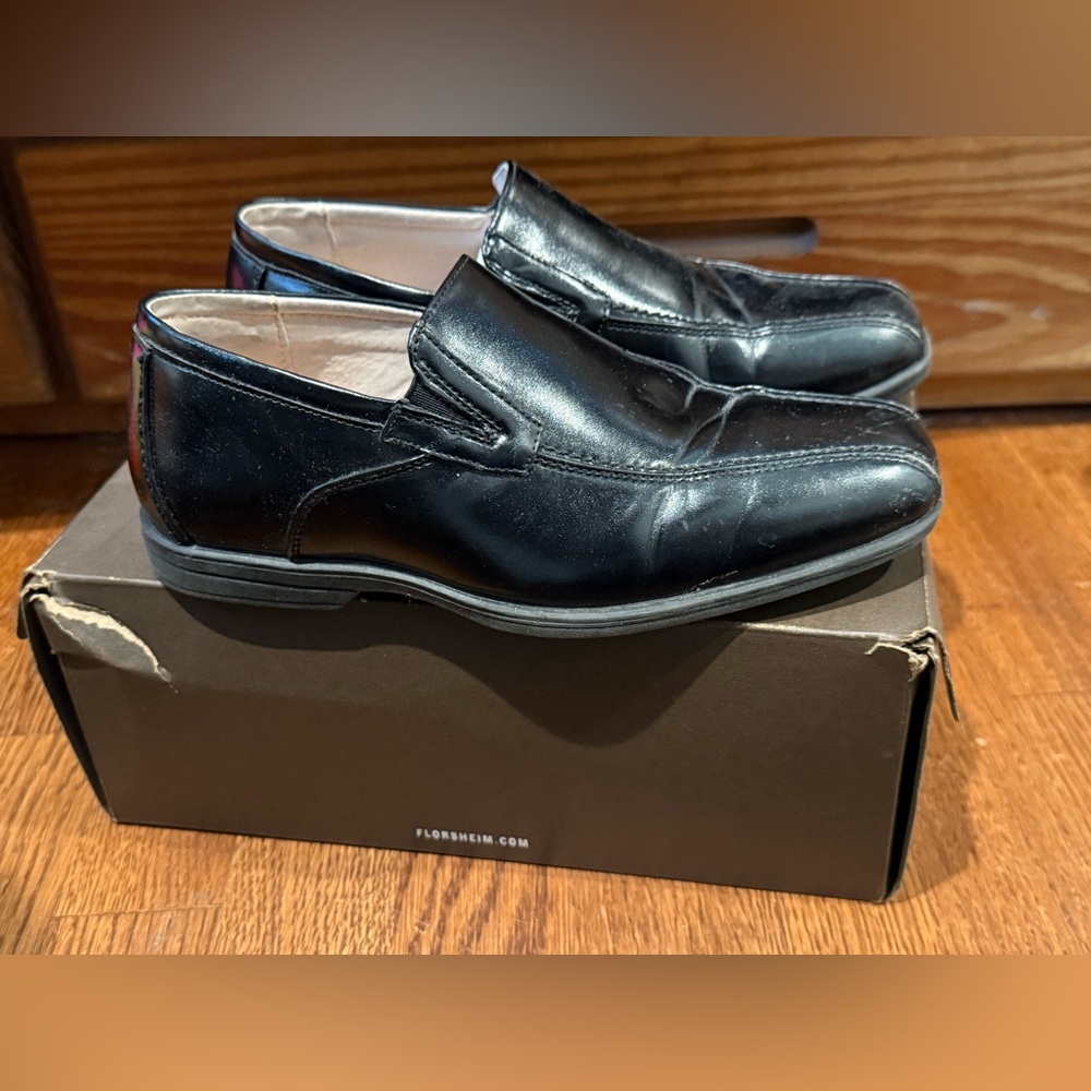 Boys Florsheim Dress Shoes Black Leather Slip-On Loafers with Elastic sz 3